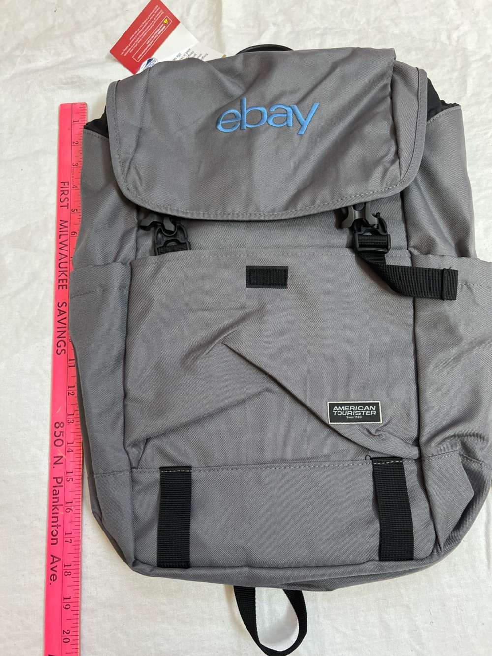 American Tourister EMBARK Computer Backpack "Ebay" Monogram NWT 18" Gray - Picture 8 of 10